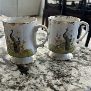 222 Fifth Peacock Garden Porcelain Latte Mugs Elegant Peacock Design Set of 2